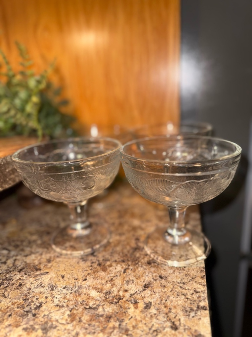 (4) Vintage Stem Bowl glassware Luminarc France 1970s Clear Glass With Fruit